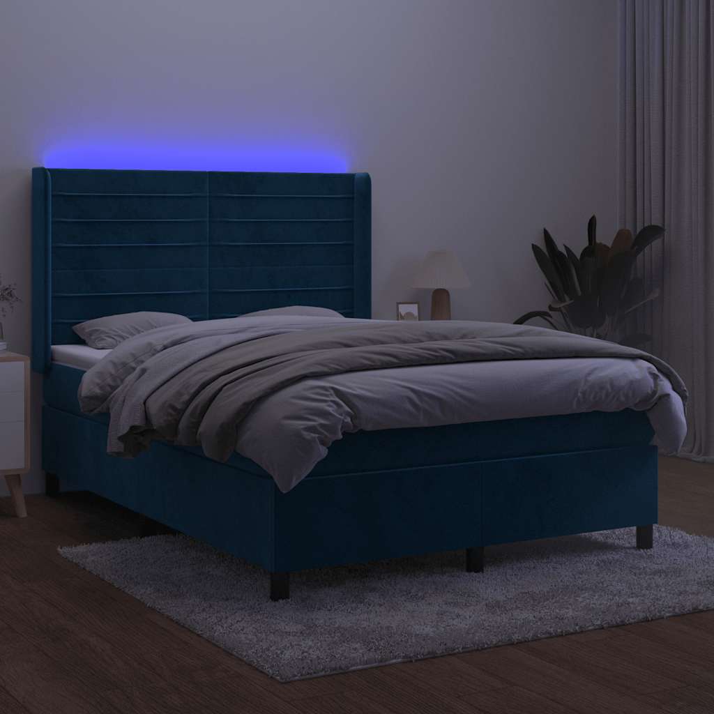 sötétkék bársony rugós és LED-es ágy matraccal 140x200 cm