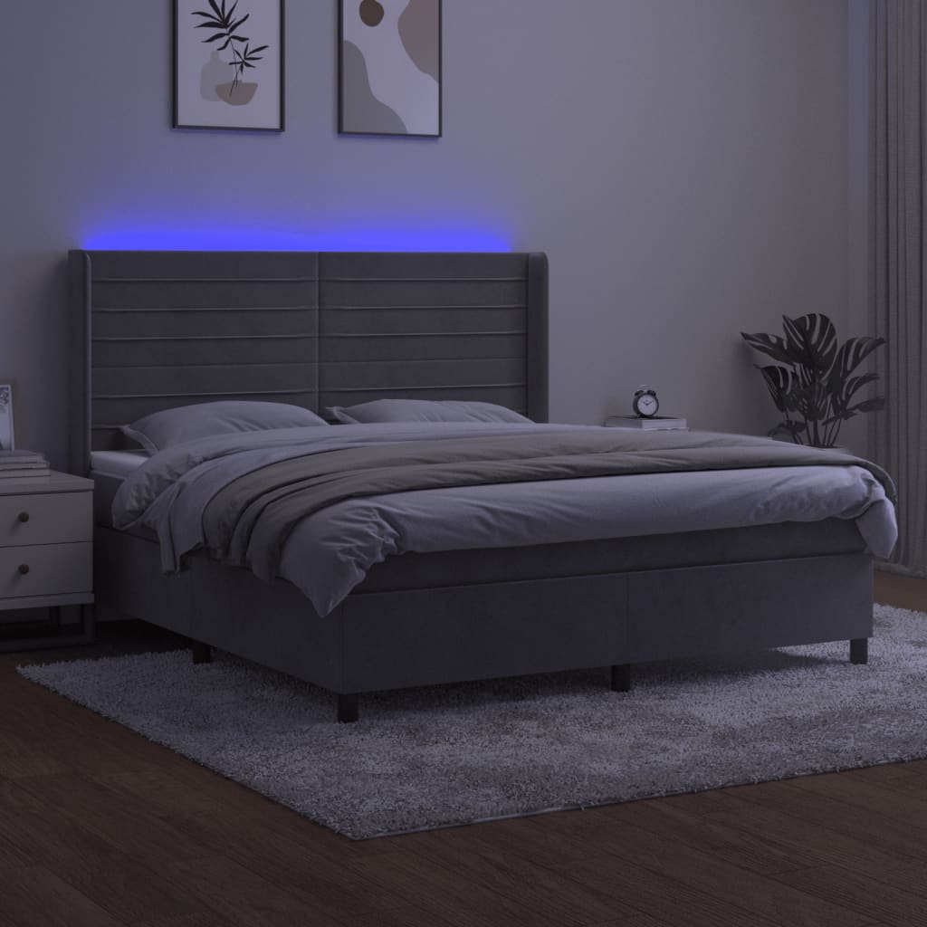 világosszürke bársony rugós és LED-es ágy matraccal 160x200 cm