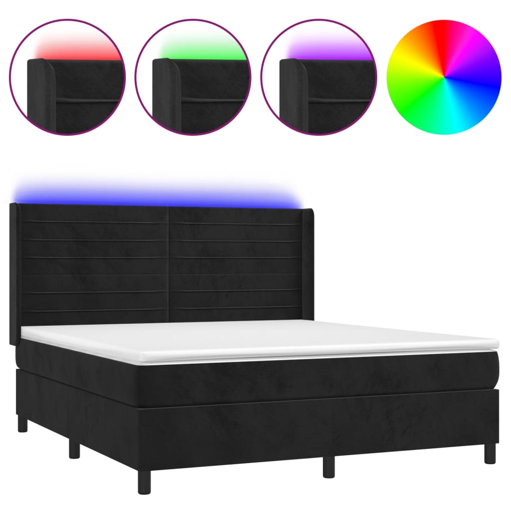 fekete bársony rugós és LED-es ágy matraccal 160x200 cm