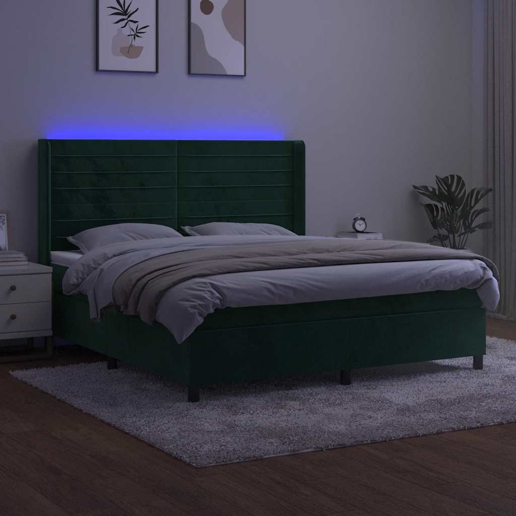 sötétzöld bársony rugós és LED-es ágy matraccal 160x200 cm