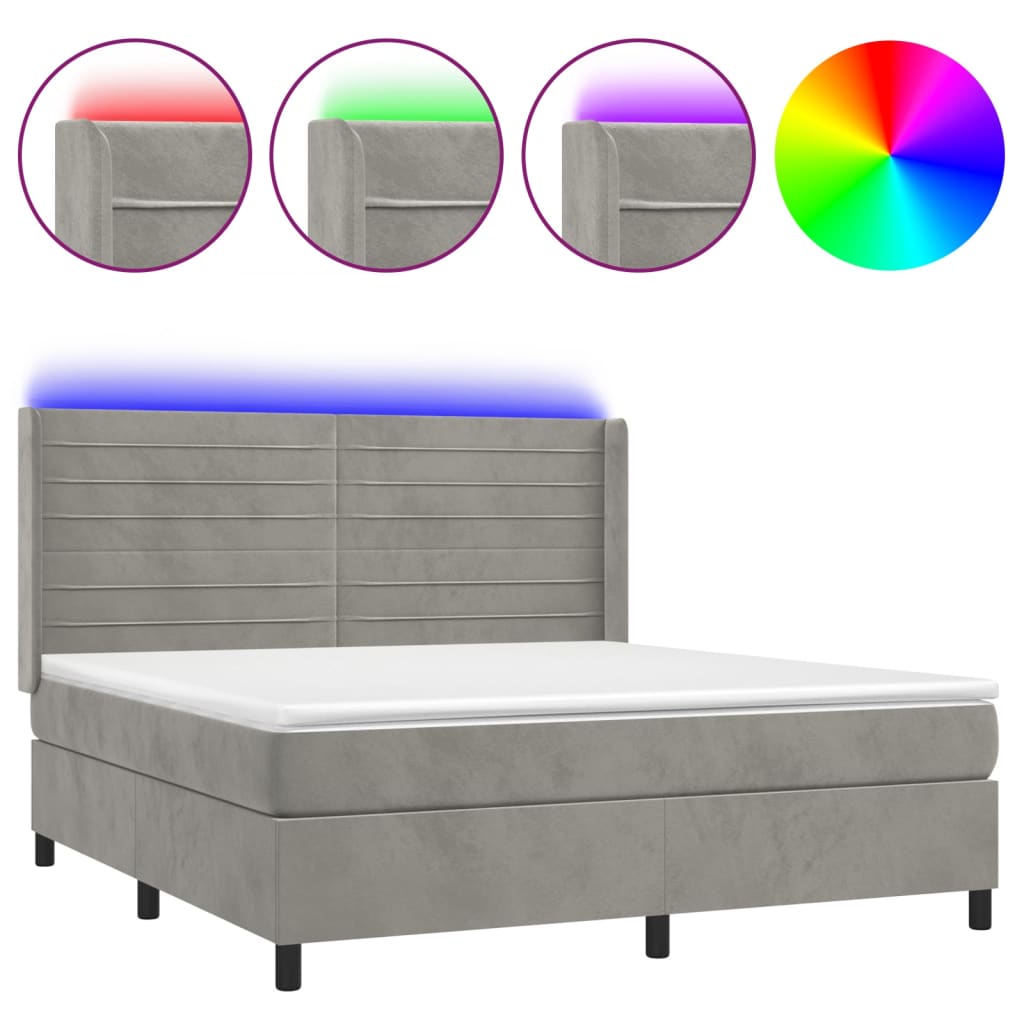 világosszürke bársony rugós és LED-es ágy matraccal 180x200 cm