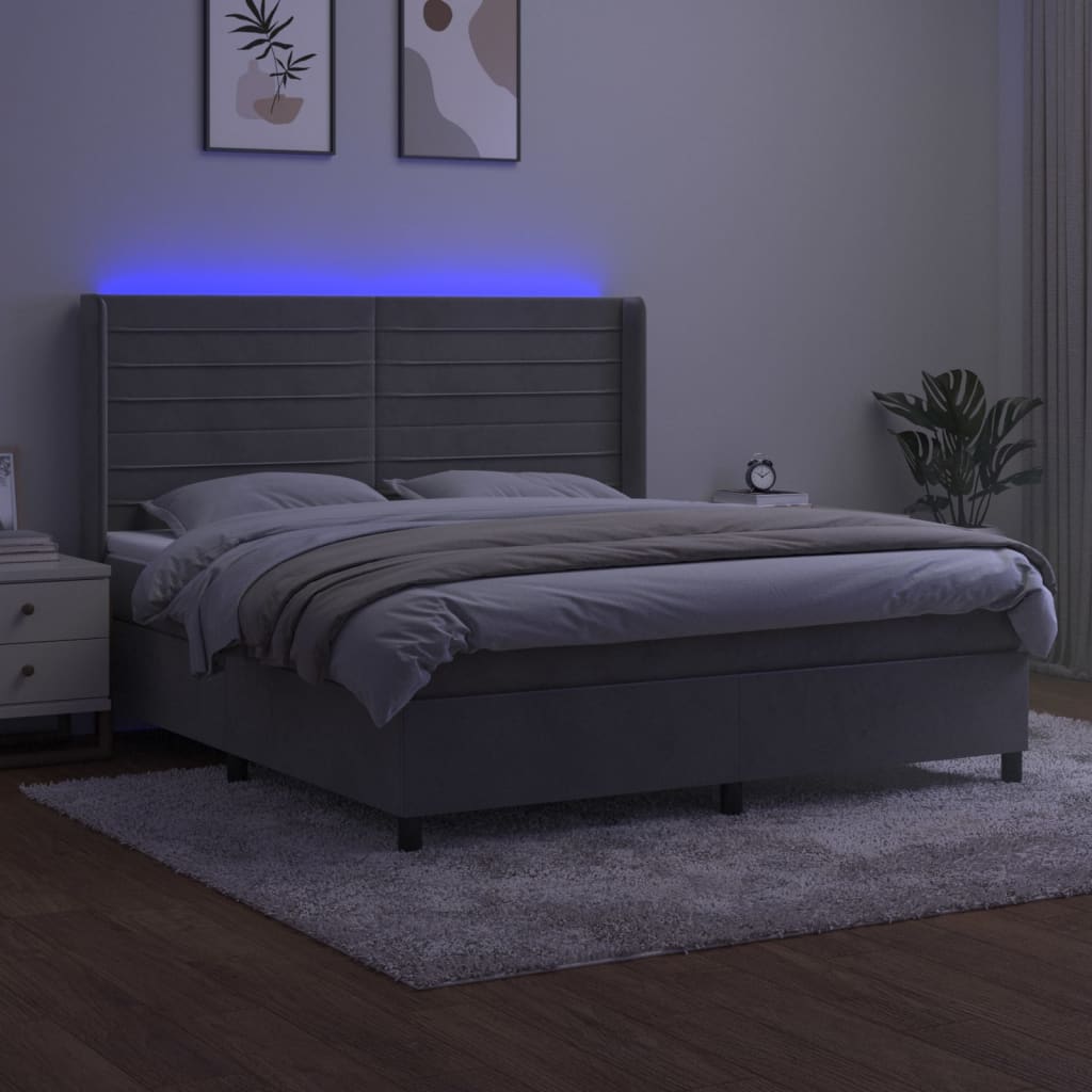 világosszürke bársony rugós és LED-es ágy matraccal 180x200 cm