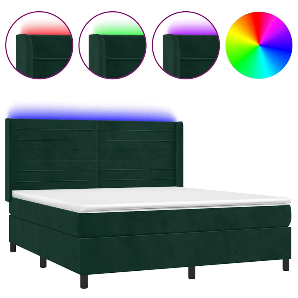 sötétzöld bársony rugós és LED-es ágy matraccal 180x200 cm