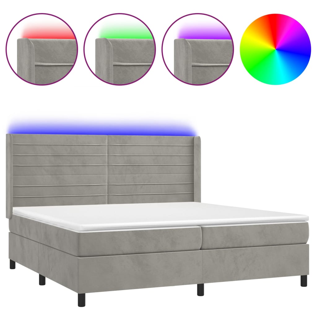 világosszürke bársony rugós és LED-es ágy matraccal 200x200 cm