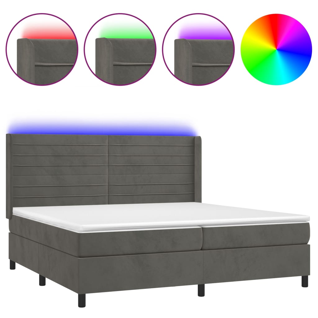 sötétszürke bársony rugós és LED-es ágy matraccal 200x200 cm