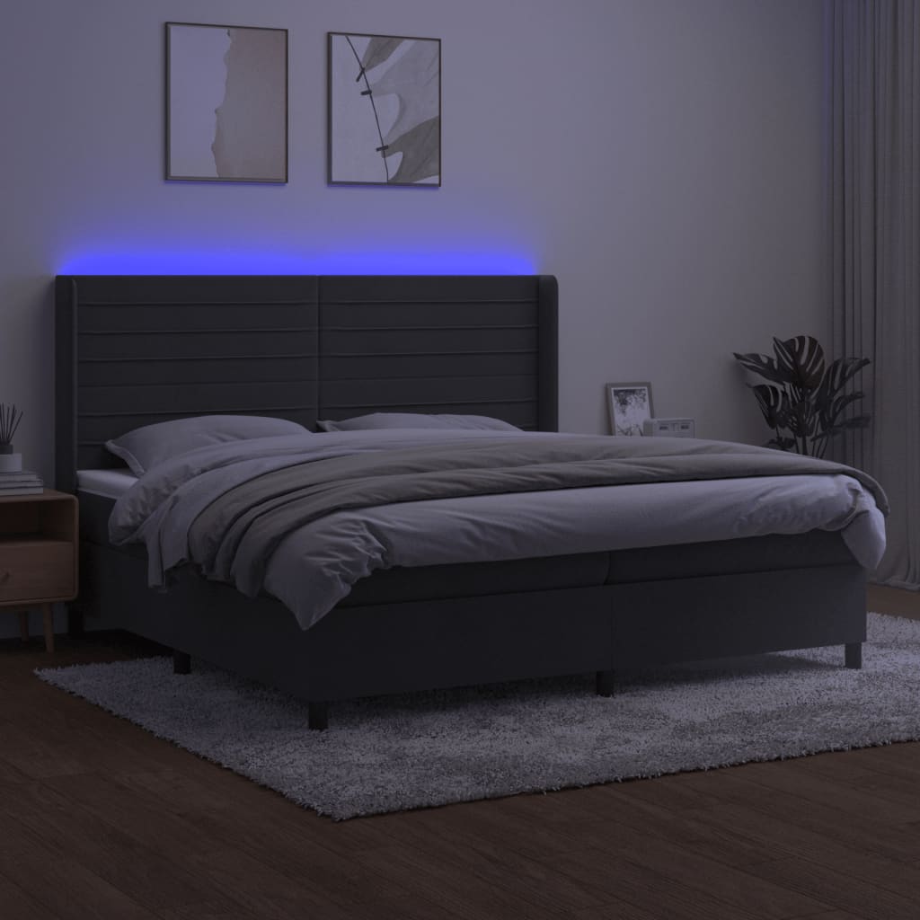 sötétszürke bársony rugós és LED-es ágy matraccal 200x200 cm
