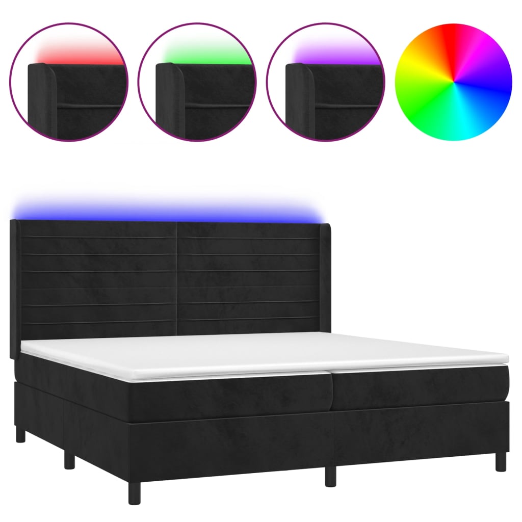 fekete bársony rugós és LED-es ágy matraccal 200x200 cm