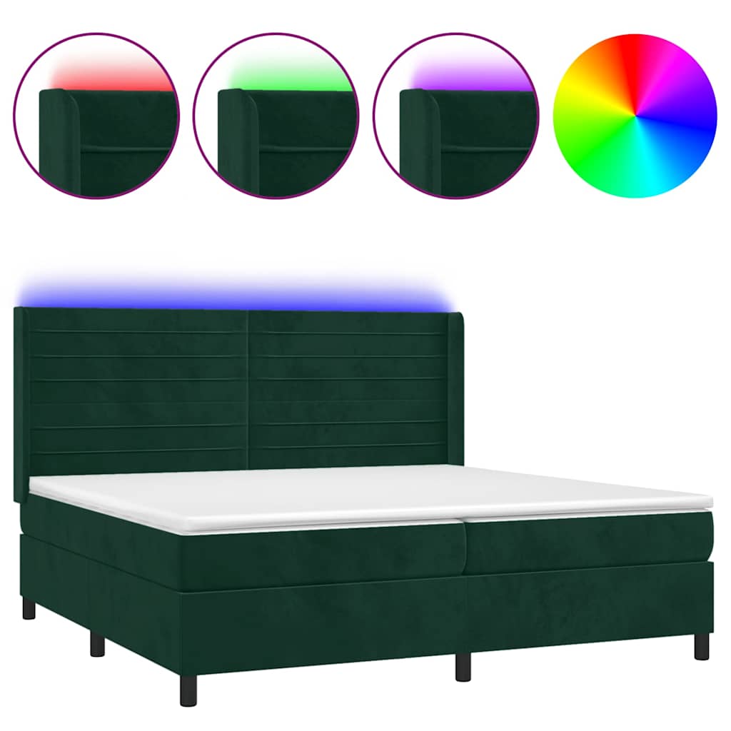 sötétzöld bársony rugós és LED-es ágy matraccal 200x200 cm