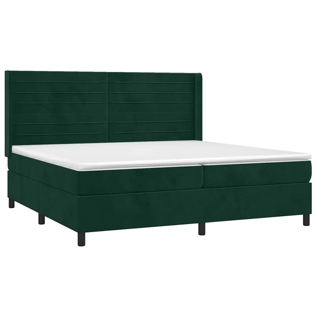 sötétzöld bársony rugós és LED-es ágy matraccal 200x200 cm