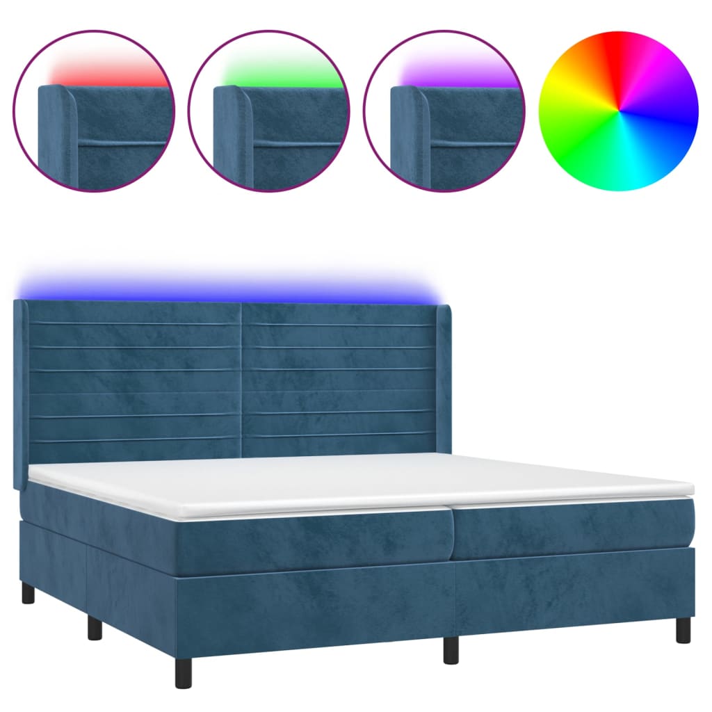 sötétkék bársony rugós és LED-es ágy matraccal 200x200 cm
