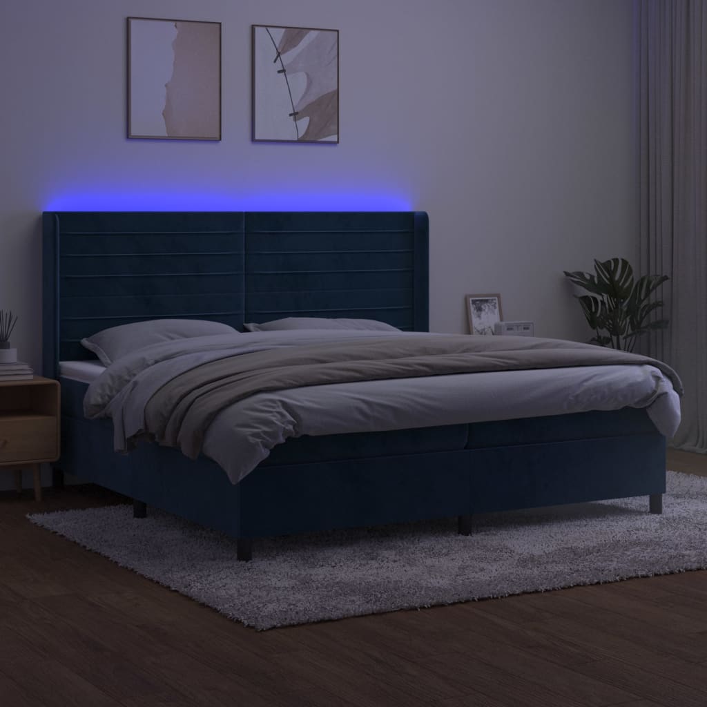 sötétkék bársony rugós és LED-es ágy matraccal 200x200 cm