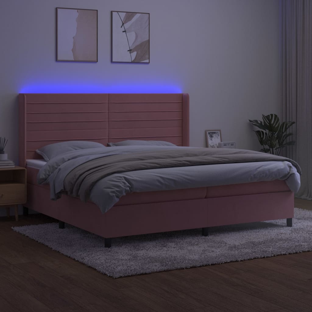 rózsaszín bársony rugós és LED-es ágy matraccal 200x200 cm