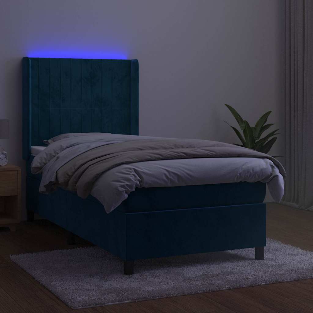 sötétkék bársony rugós és LED-es ágy matraccal 80 x 200 cm