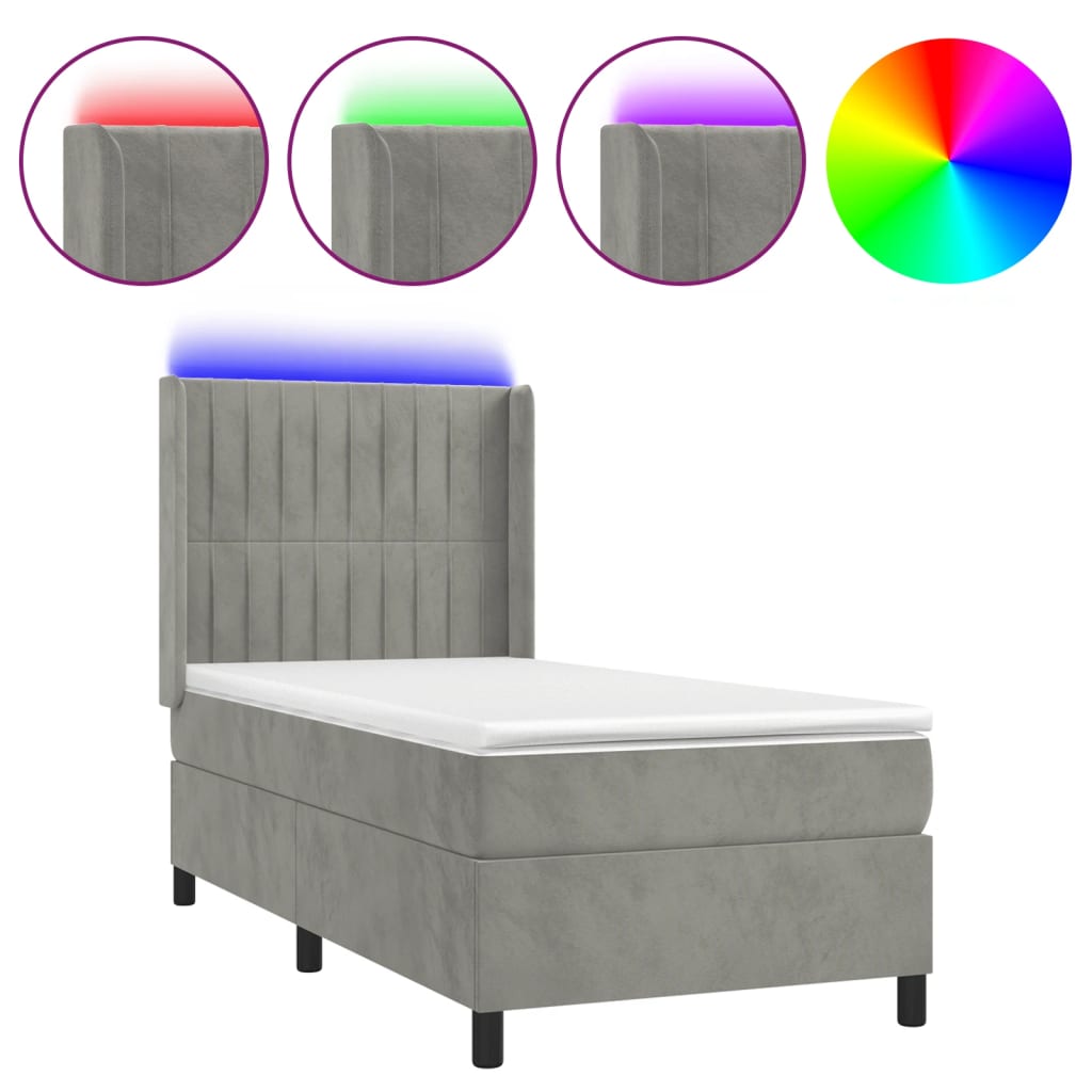 világosszürke bársony rugós és LED-es ágy matraccal 90x190 cm
