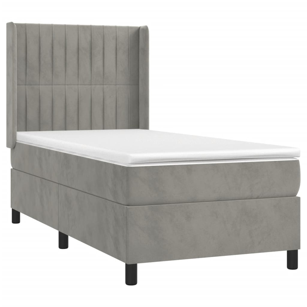 világosszürke bársony rugós és LED-es ágy matraccal 90x190 cm