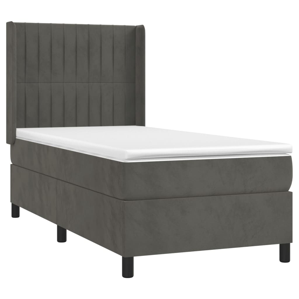 sötétszürke bársony rugós és LED-es ágy matraccal 90x190 cm