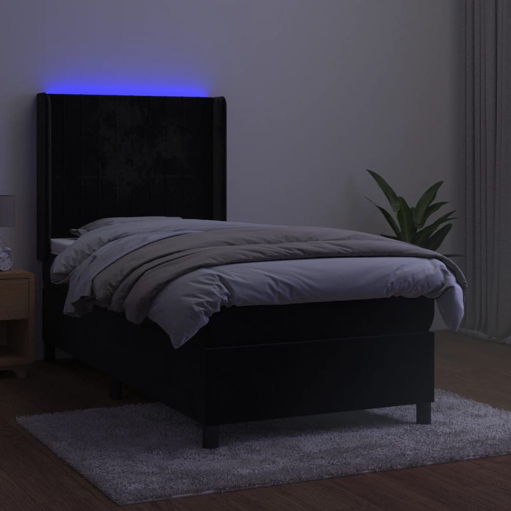 fekete bársony rugós és LED-es ágy matraccal 90x200 cm
