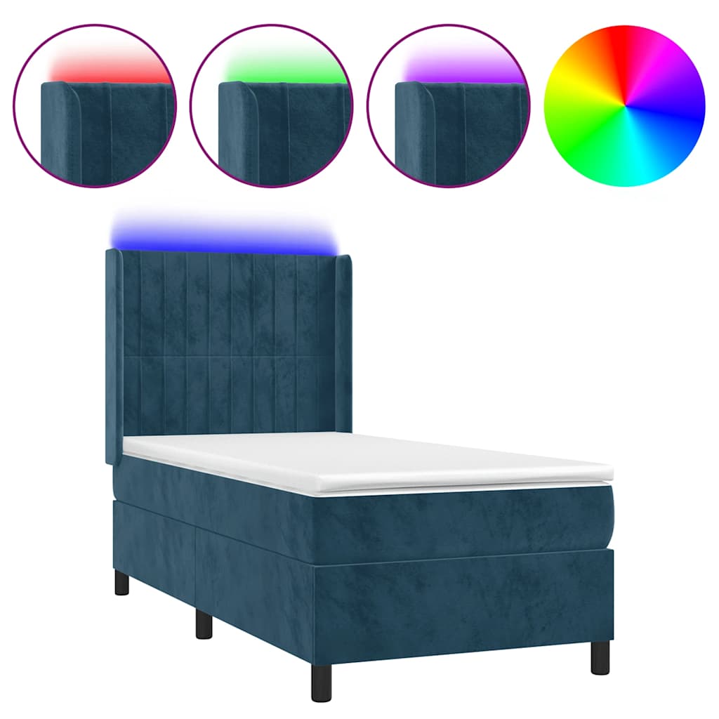 sötétkék bársony rugós és LED-es ágy matraccal 90x200 cm