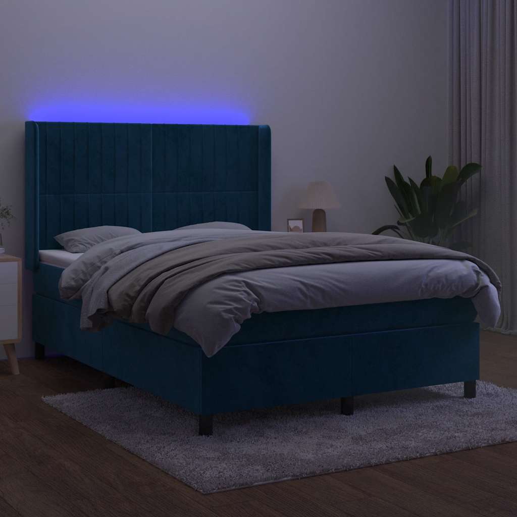 sötétkék bársony rugós és LED-es ágy matraccal 140x190 cm