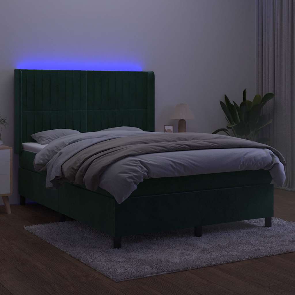sötétzöld bársony rugós és LED-es ágy matraccal 140x200 cm