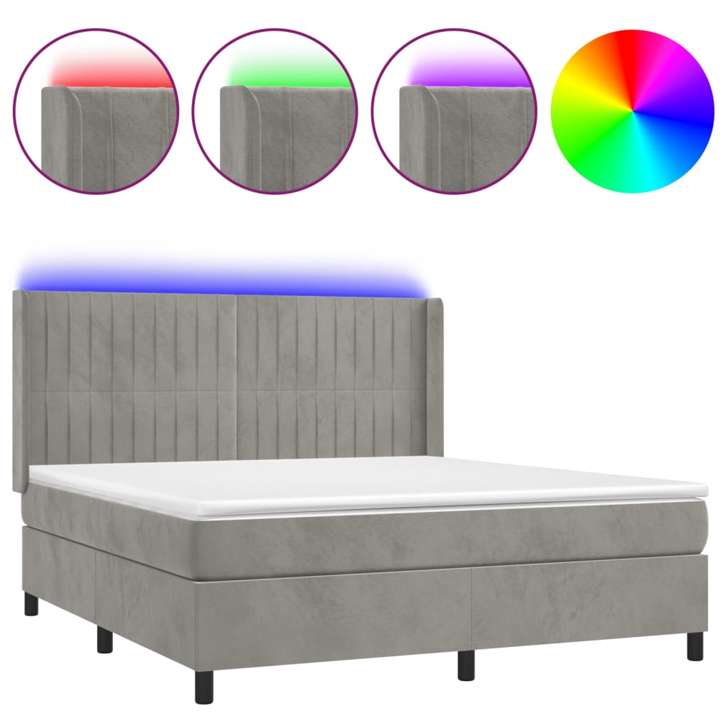 világosszürke bársony rugós és LED-es ágy matraccal 160x200 cm