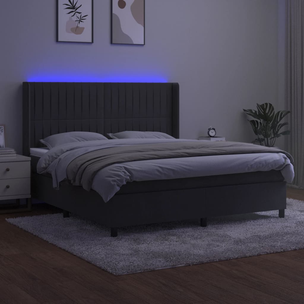 sötétszürke bársony rugós és LED-es ágy matraccal 160x200 cm