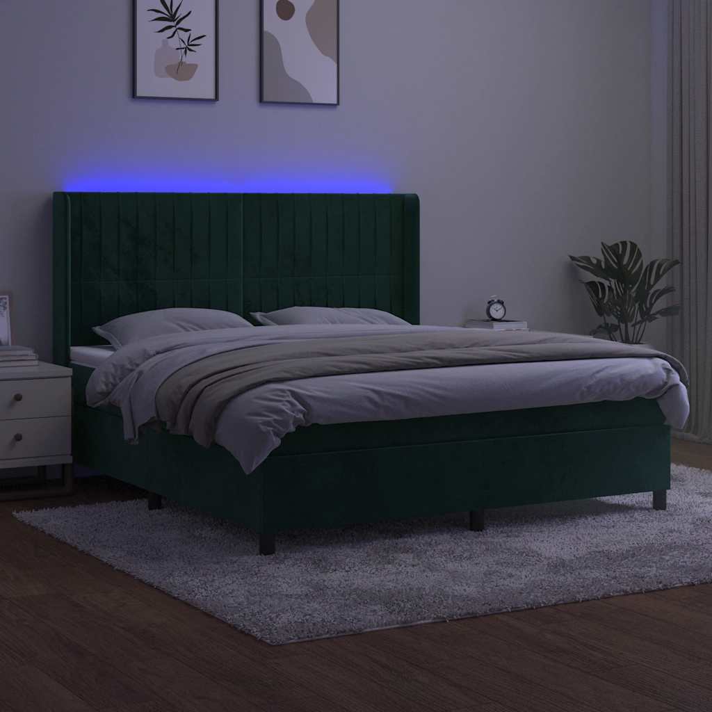 sötétzöld bársony rugós és LED-es ágy matraccal 160x200 cm