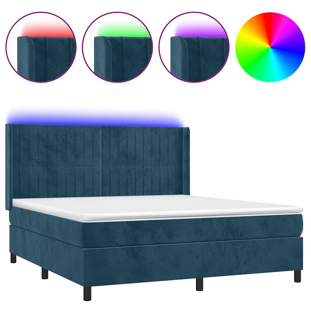 sötétkék bársony rugós és LED-es ágy matraccal 160x200 cm
