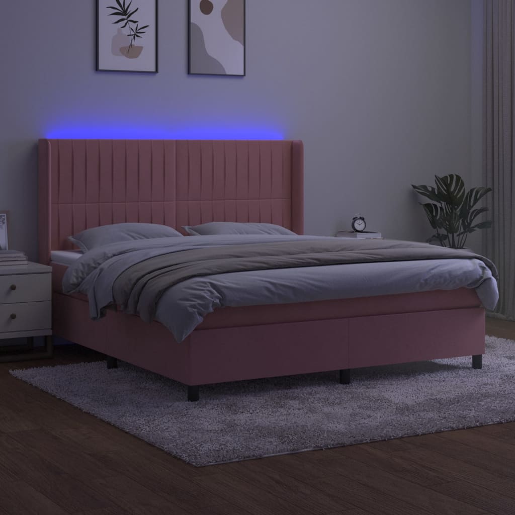 rózsaszín bársony rugós és LED-es ágy matraccal 160x200 cm
