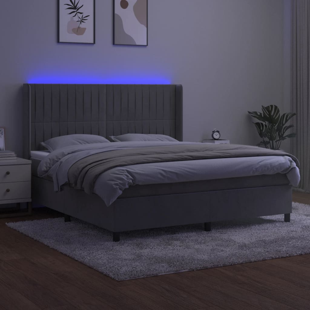 világosszürke bársony rugós és LED-es ágy matraccal 180x200 cm