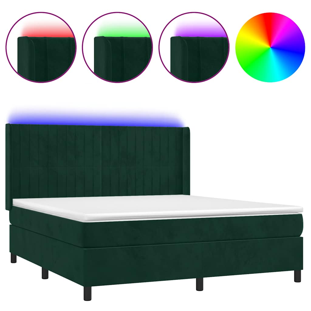 sötétzöld bársony rugós és LED-es ágy matraccal 180x200 cm