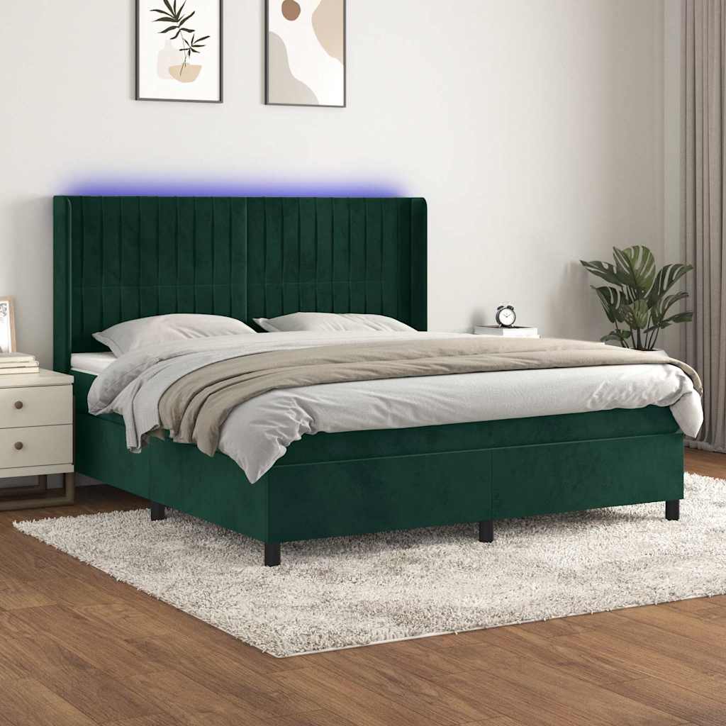 sötétzöld bársony rugós és LED-es ágy matraccal 180x200 cm