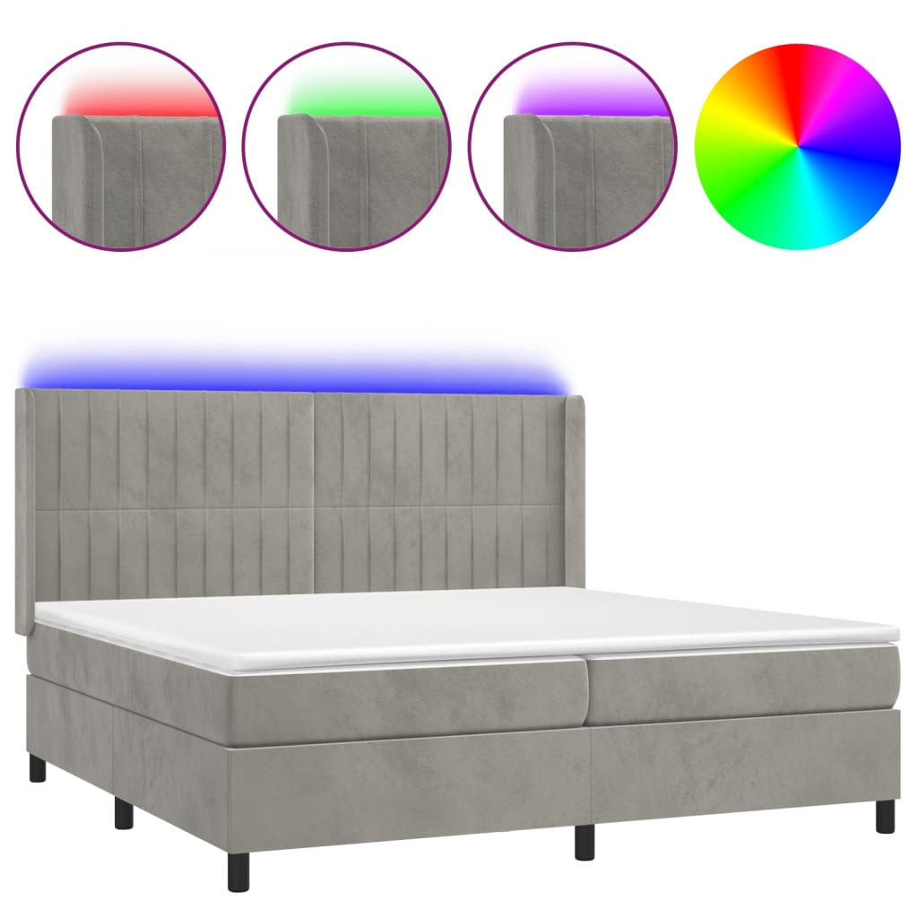 világosszürke bársony rugós és LED-es ágy matraccal 200x200 cm