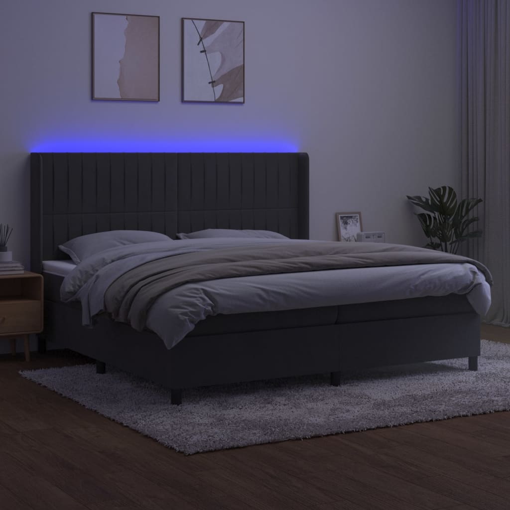 sötétszürke bársony rugós és LED-es ágy matraccal 200x200 cm