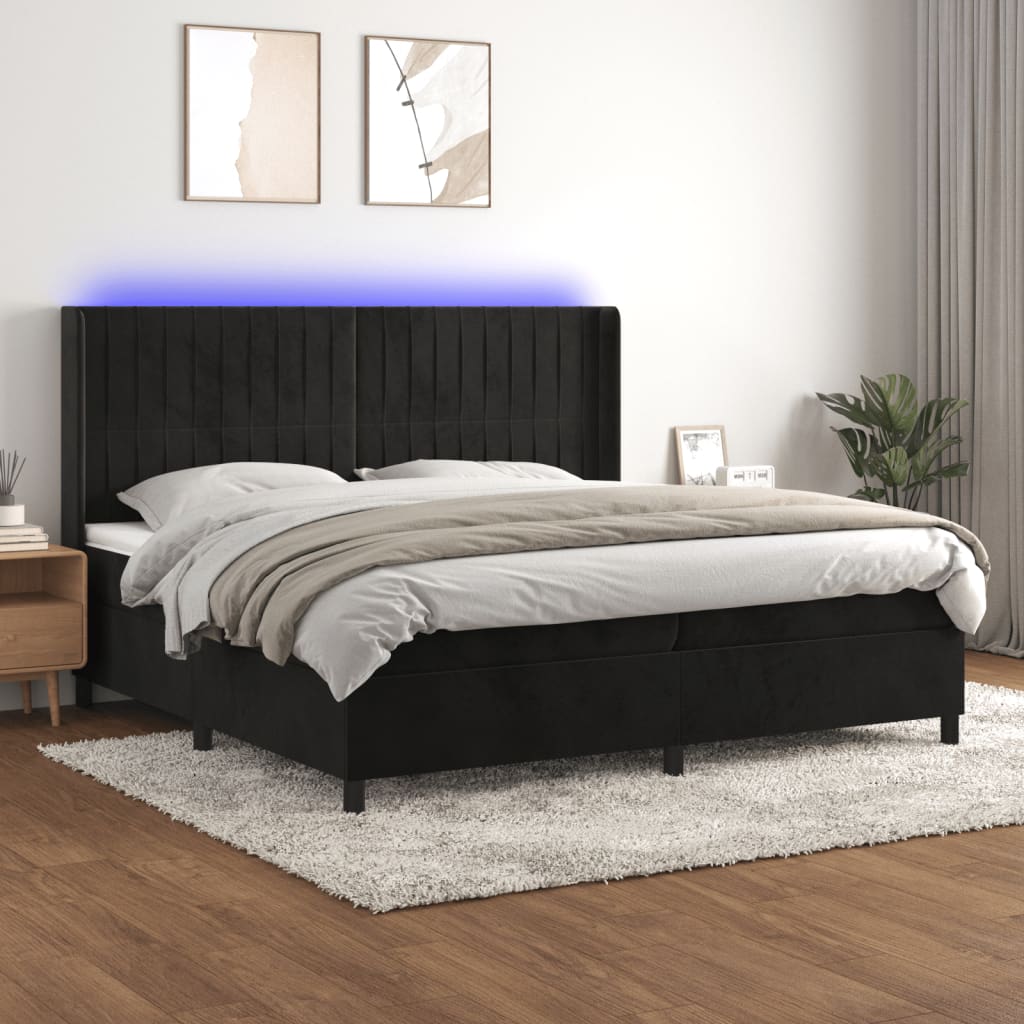fekete bársony rugós és LED-es ágy matraccal 200x200 cm