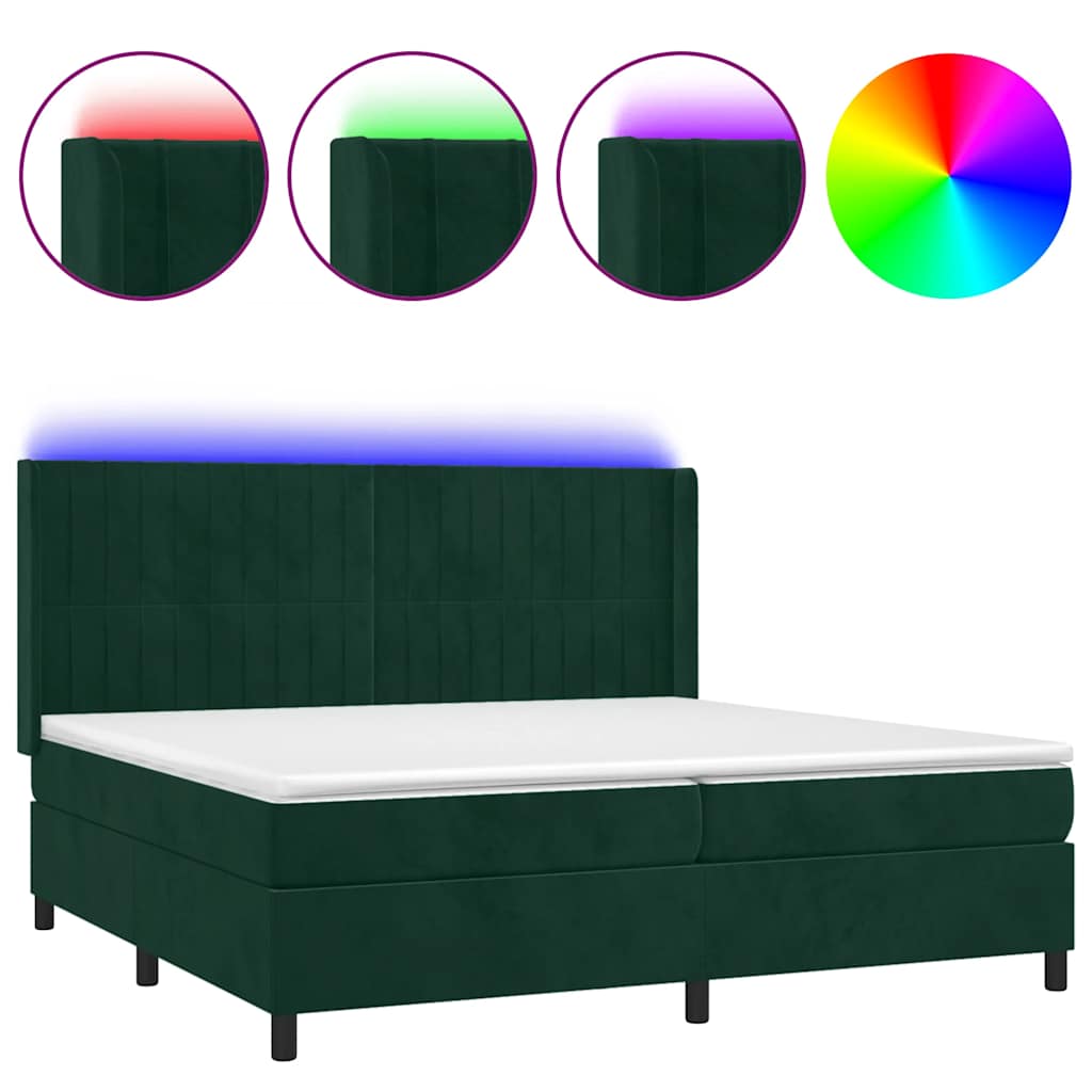 sötétzöld bársony rugós és LED-es ágy matraccal 200x200 cm