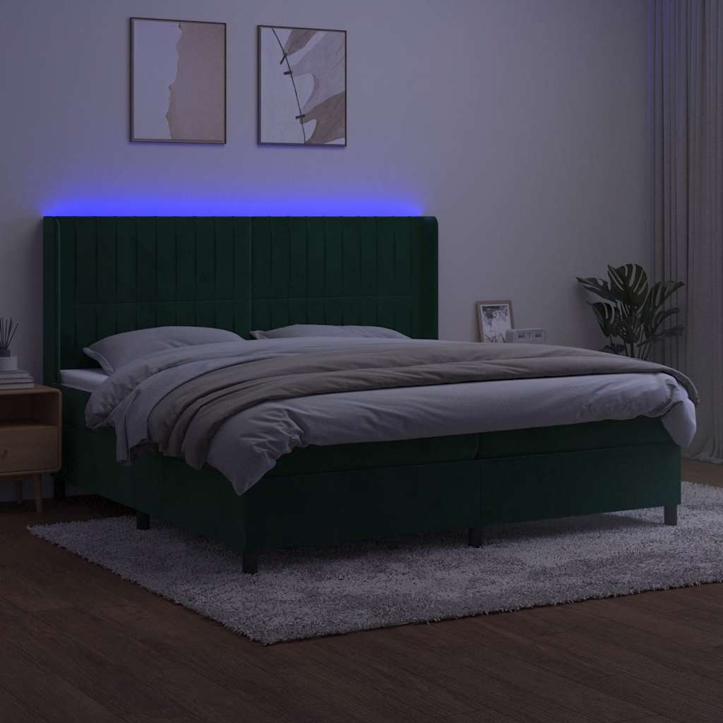 sötétzöld bársony rugós és LED-es ágy matraccal 200x200 cm