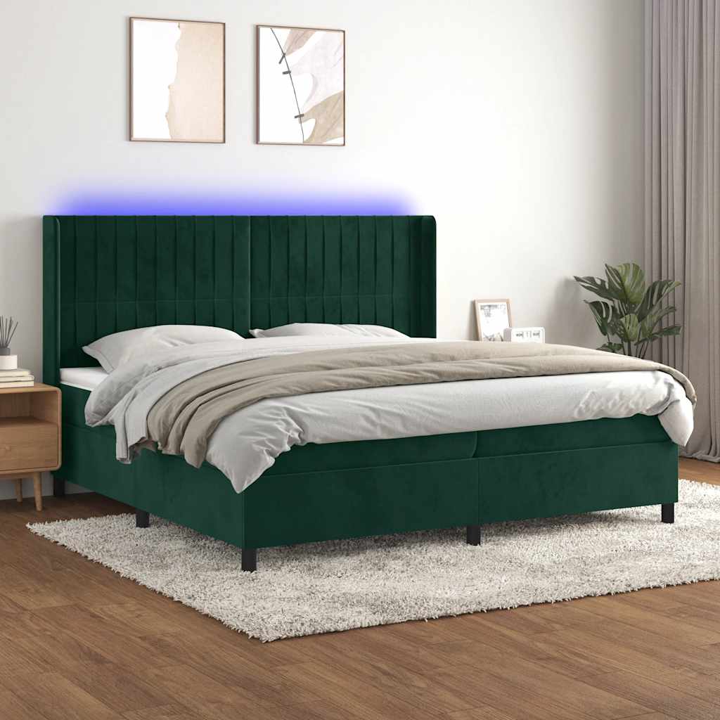 sötétzöld bársony rugós és LED-es ágy matraccal 200x200 cm