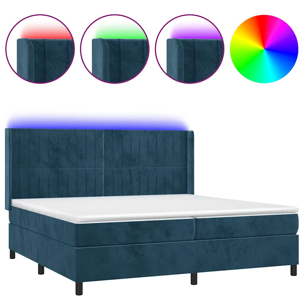 sötétkék bársony rugós és LED-es ágy matraccal 200x200 cm
