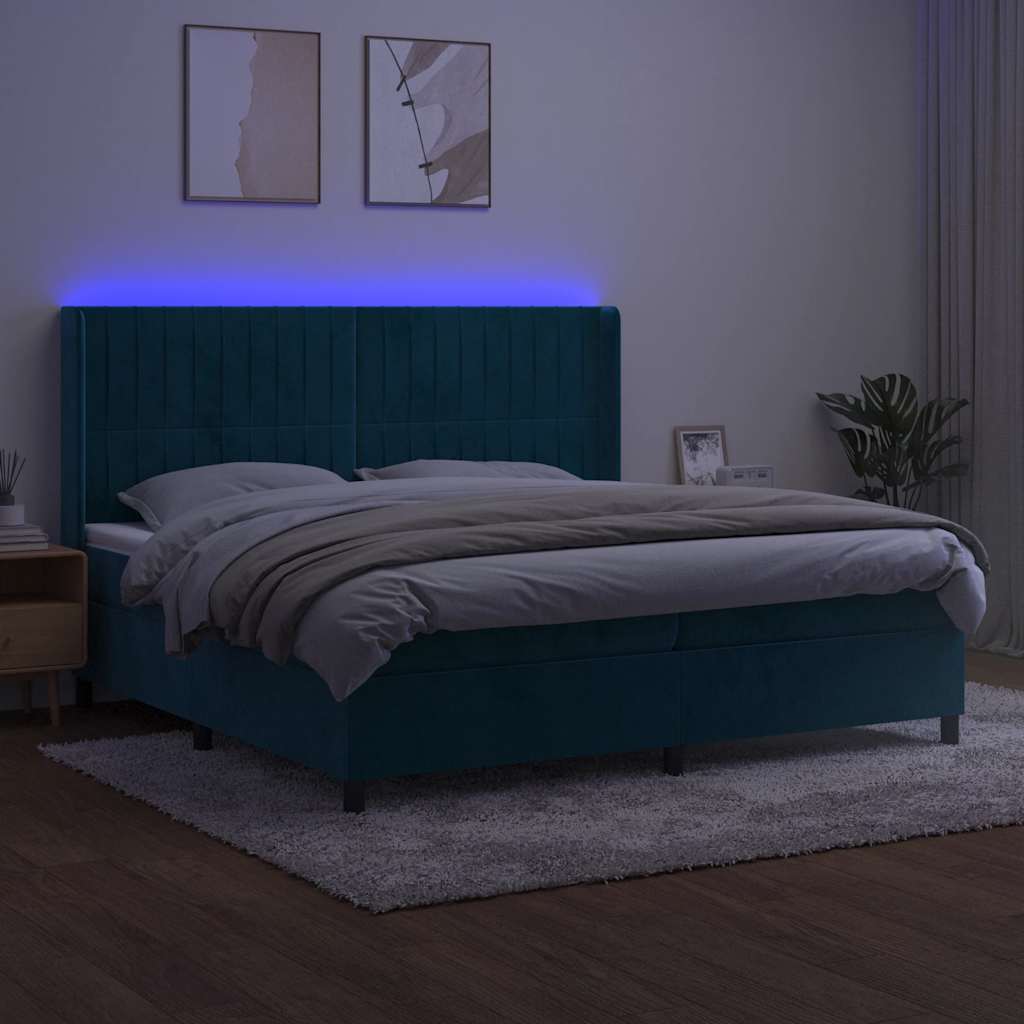 sötétkék bársony rugós és LED-es ágy matraccal 200x200 cm