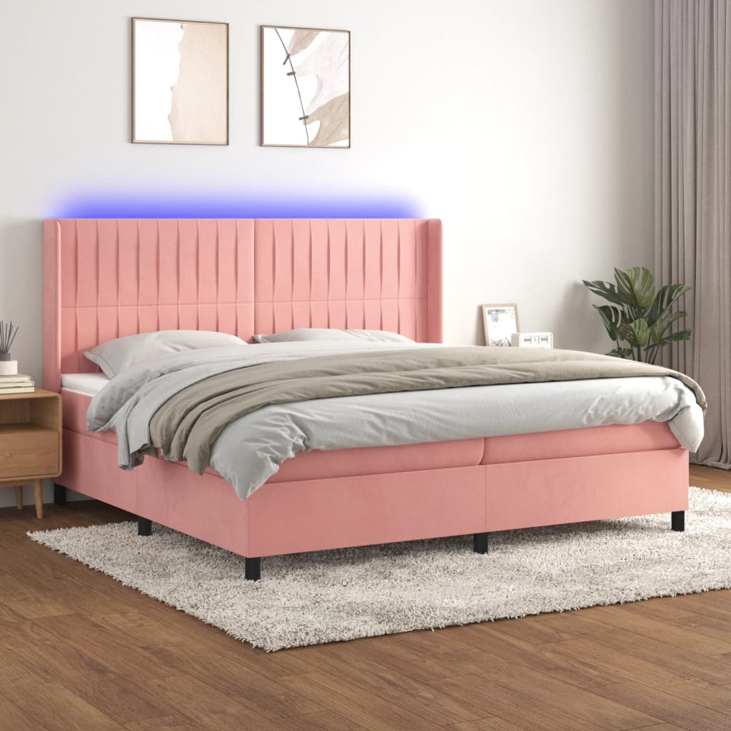 rózsaszín bársony rugós és LED-es ágy matraccal 200x200 cm