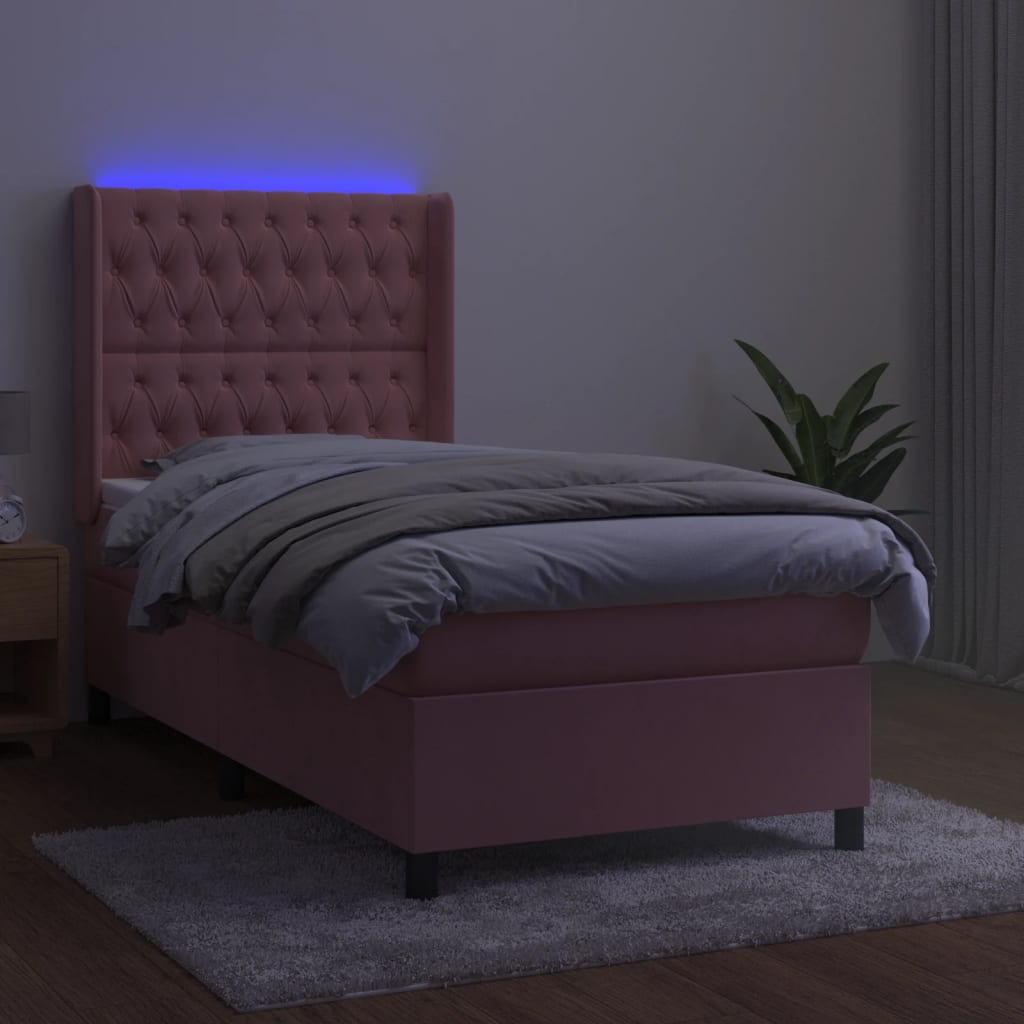 rózsaszín bársony rugós és LED-es ágy matraccal 80 x 200 cm