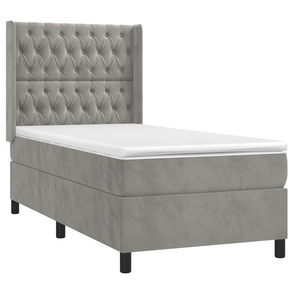 világosszürke bársony rugós és LED-es ágy matraccal 90x190 cm