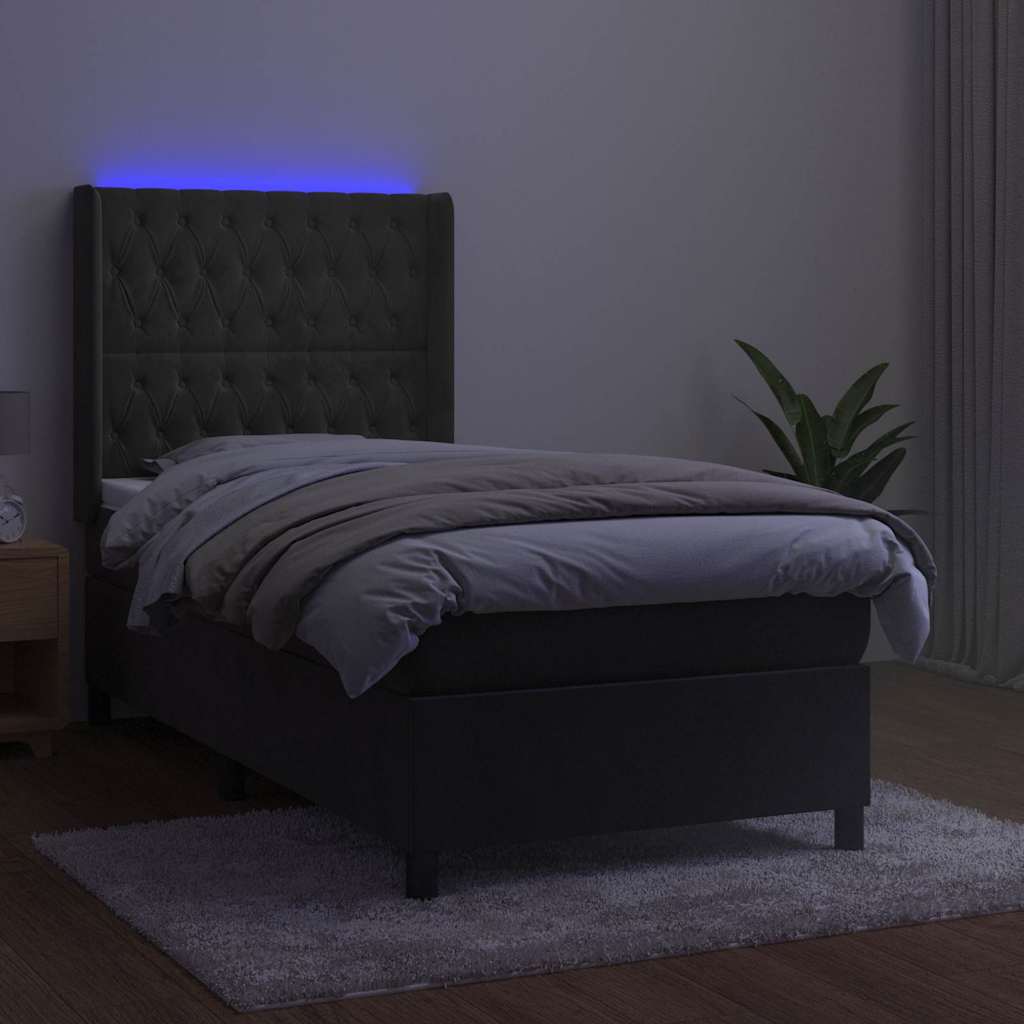 sötétszürke bársony rugós és LED-es ágy matraccal 90x190 cm