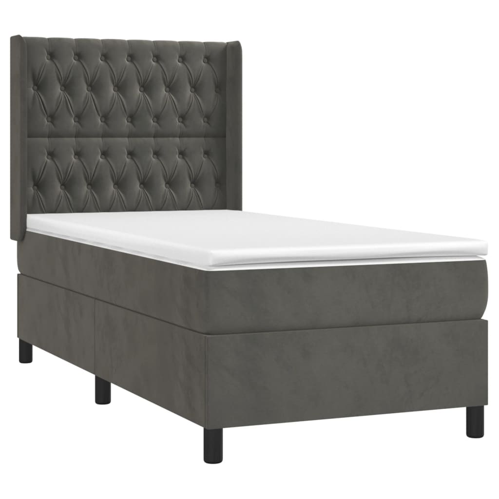 sötétszürke bársony rugós és LED-es ágy matraccal 90x190 cm