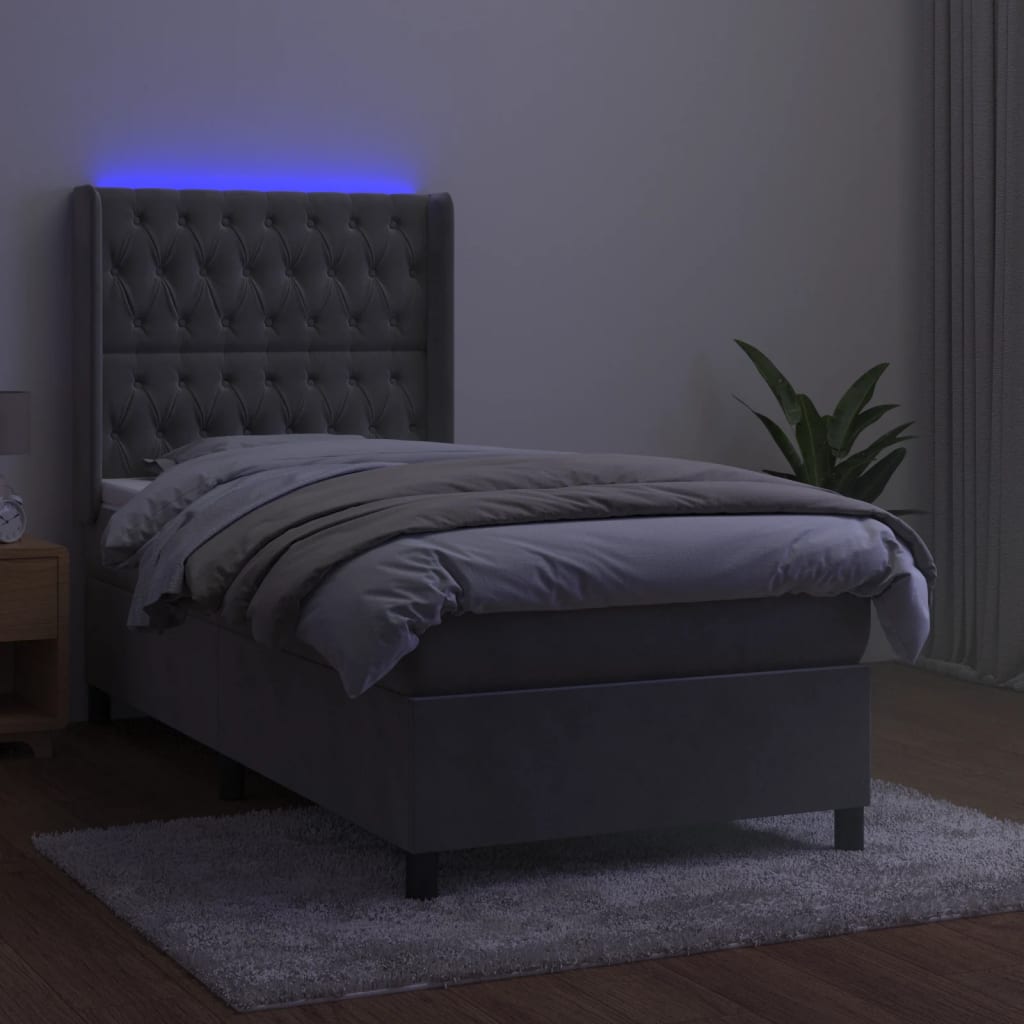 világosszürke bársony rugós és LED-es ágy matraccal 90x200 cm