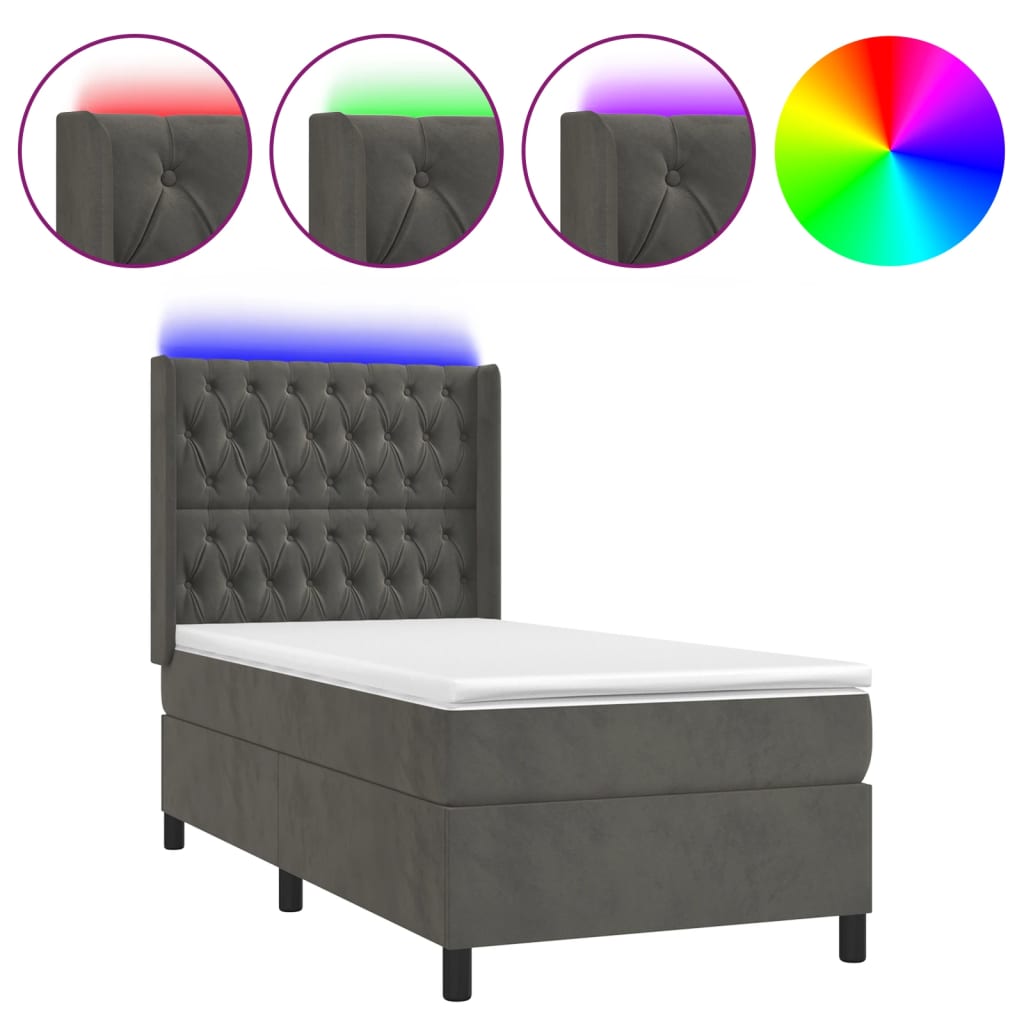 sötétszürke bársony rugós és LED-es ágy matraccal 90x200 cm