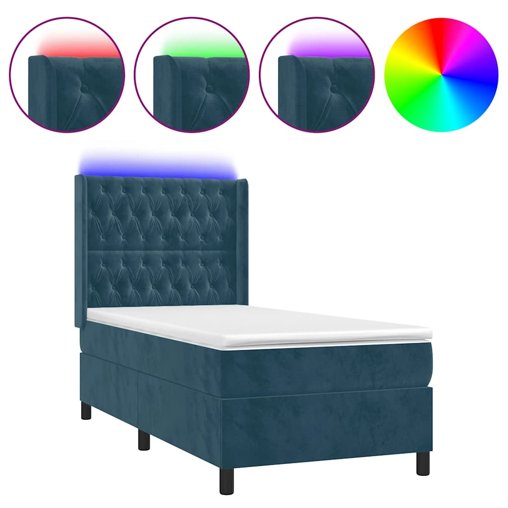 sötétkék bársony rugós és LED-es ágy matraccal 90x200 cm
