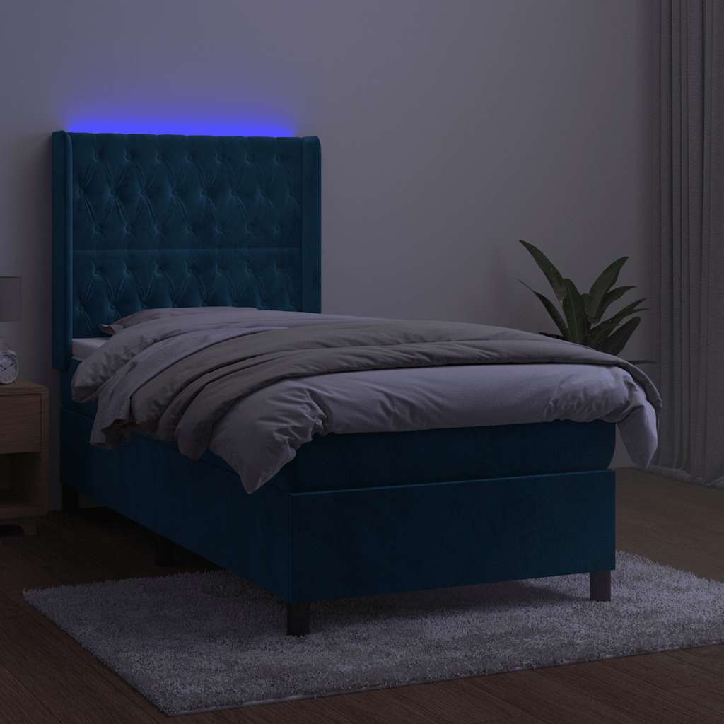 sötétkék bársony rugós és LED-es ágy matraccal 90x200 cm