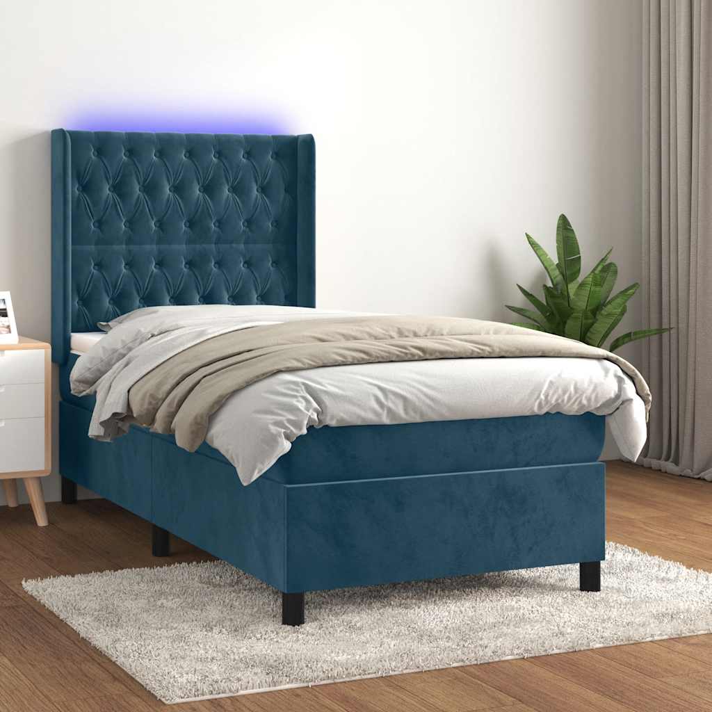 sötétkék bársony rugós és LED-es ágy matraccal 90x200 cm